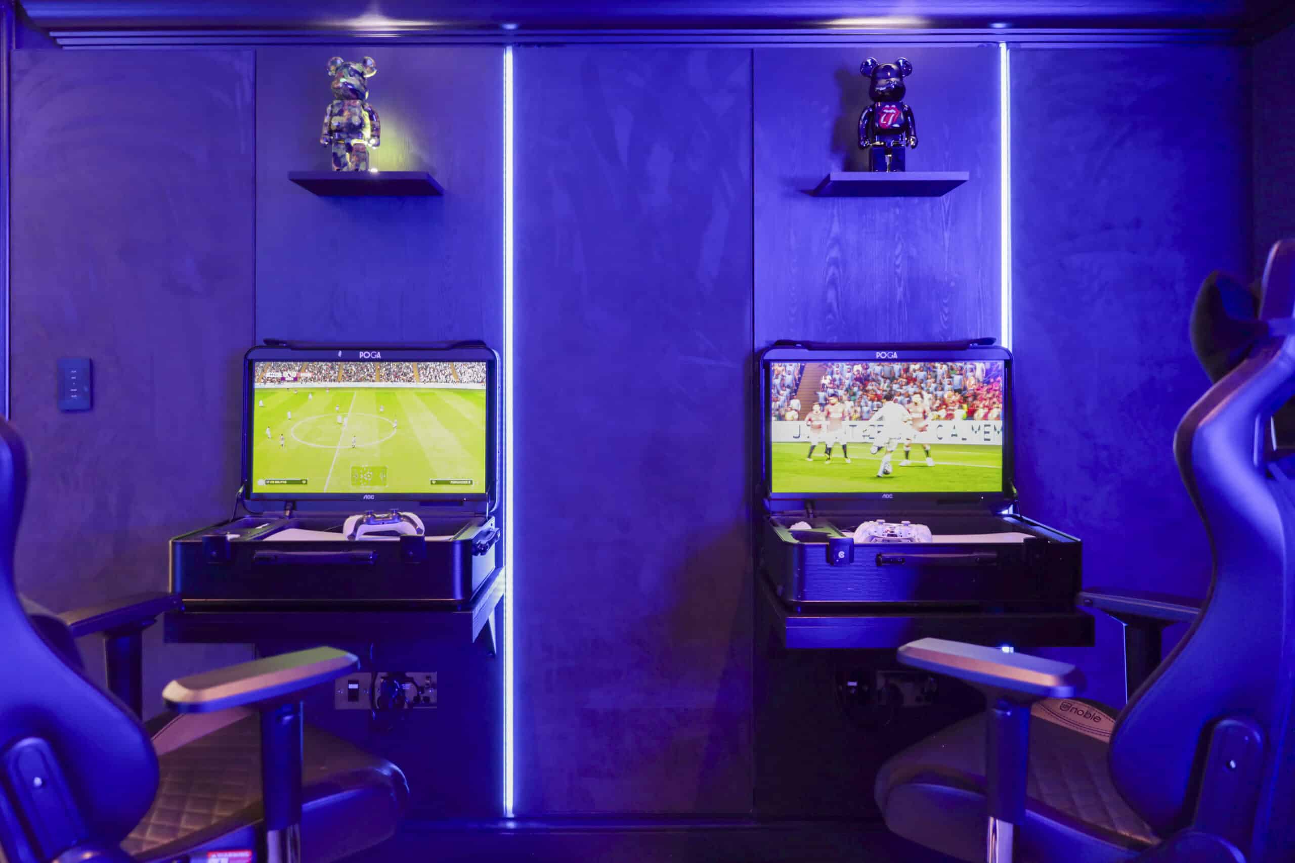 Two bespoke gaming pods for poga stations built for a luxury gaming room in cheshire, features digital pixel tape