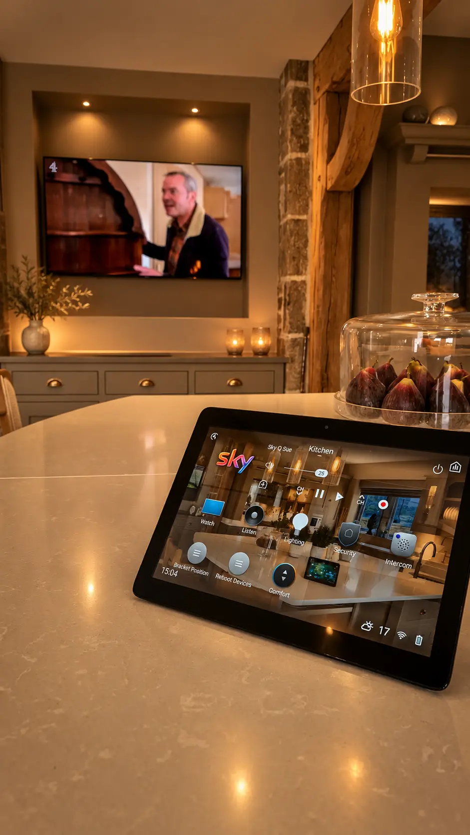 control4-touchscreen-smart-home-halifax Control4 touchscreen controlling lighting security heating and entertainment in Halifax smart home