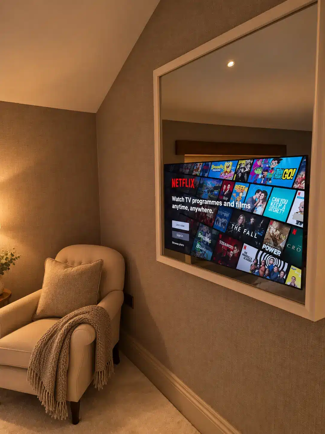 hidden-mirror-tv-master-bedroom-halifax Hidden mirror television in master bedroom of Halifax smart home